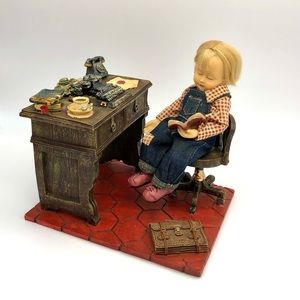 Vintage Desk With Doll Girl Sleeping Reading Book In Chair Sculpture Scene